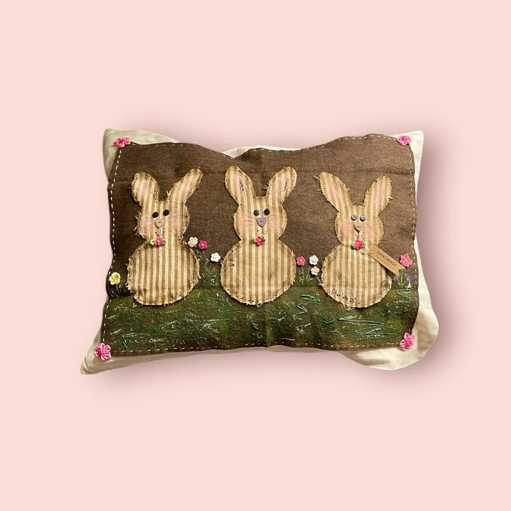 Handpainted and handmade.Green and Brown Rustic Holiday Pillow with Bunny Design